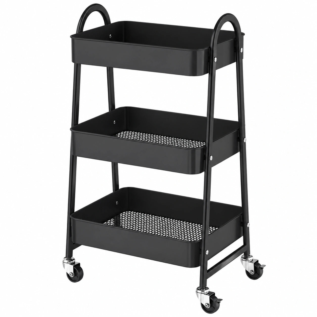 Carro de Almacenamiento de Metal con Ruedas, 3 Niveles y Frenos, Asa Ergonómica, Fácil Montaje, para Hogar y Oficina (Negro)