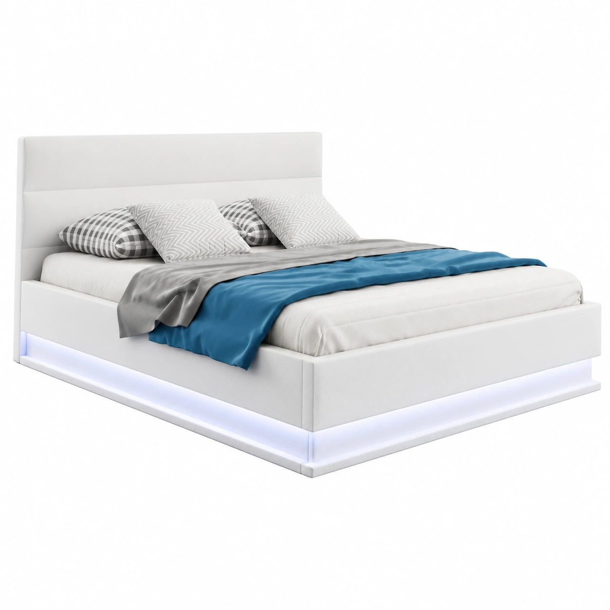 Cama de Matrimonio LED Blanca 160x200 cm con Canapé Abatible y Somier de Láminas