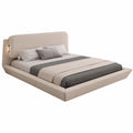 Cama Matrimonial 180x200cm Diana con Diseño Flotante e Iluminación LED, Madera Tapizada en Lino Beige, Somier de Láminas y Puertos USB
