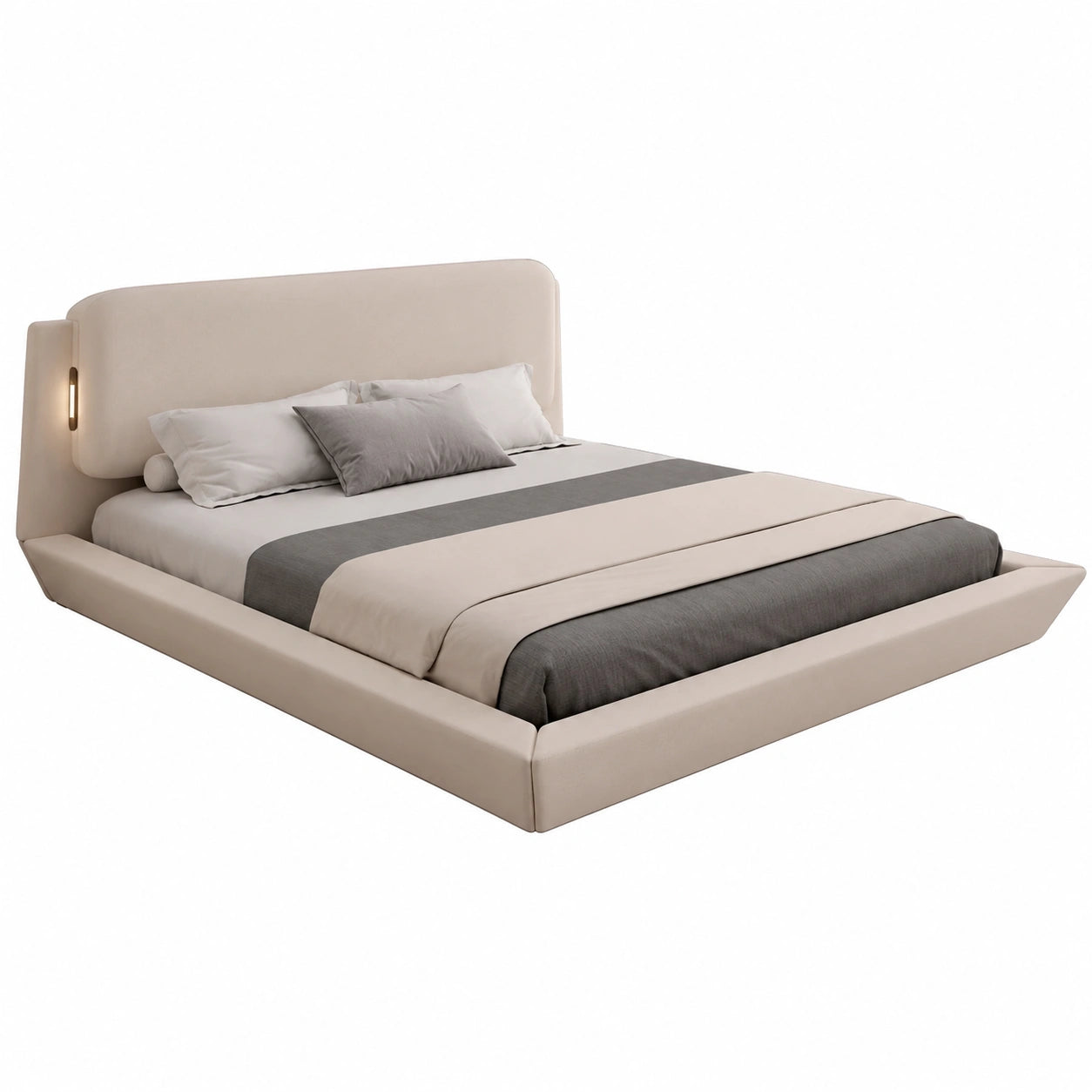 Cama Matrimonial 180x200cm Diana con Diseño Flotante e Iluminación LED, Madera Tapizada en Lino Beige, Somier de Láminas y Puertos USB