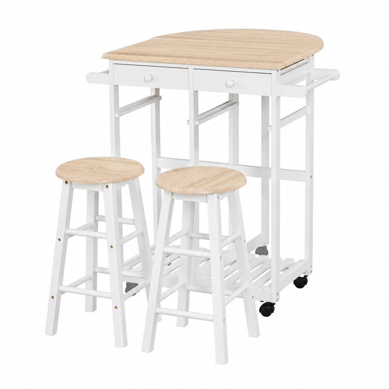 HOMCOM - Mesa de Bar Plegable con Ruedas y Almacenamiento, Incluye 2 Taburetes, Madera de Pino MDF Blanco y Roble