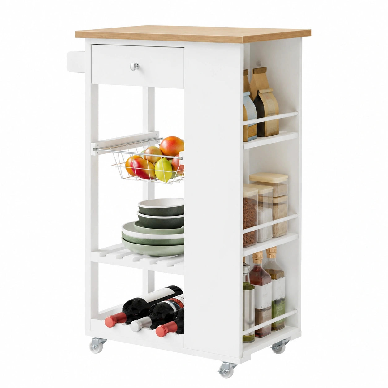 Carrito de Cocina con Ruedas, Isla Multifuncional con Cajón y Botellero, Estantes de Bambú y Metal Blanco