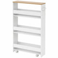 Carro Organizador de 4 Niveles con Ruedas para Cocina y Baño, Diseño Compacto con Barandillas y Asa, 47,5x13x80,5 cm, Blanco y Natural