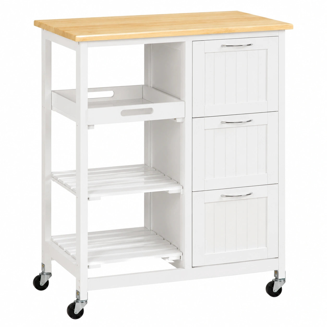 Carrito de Cocina HOMCOM con Cajones, Estantes y Bandeja Extraíble, Blanco, 40 kg