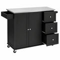 Carro de Cocina Negro con Encimera de Acero, 3 Cajones y Estantes Ajustables