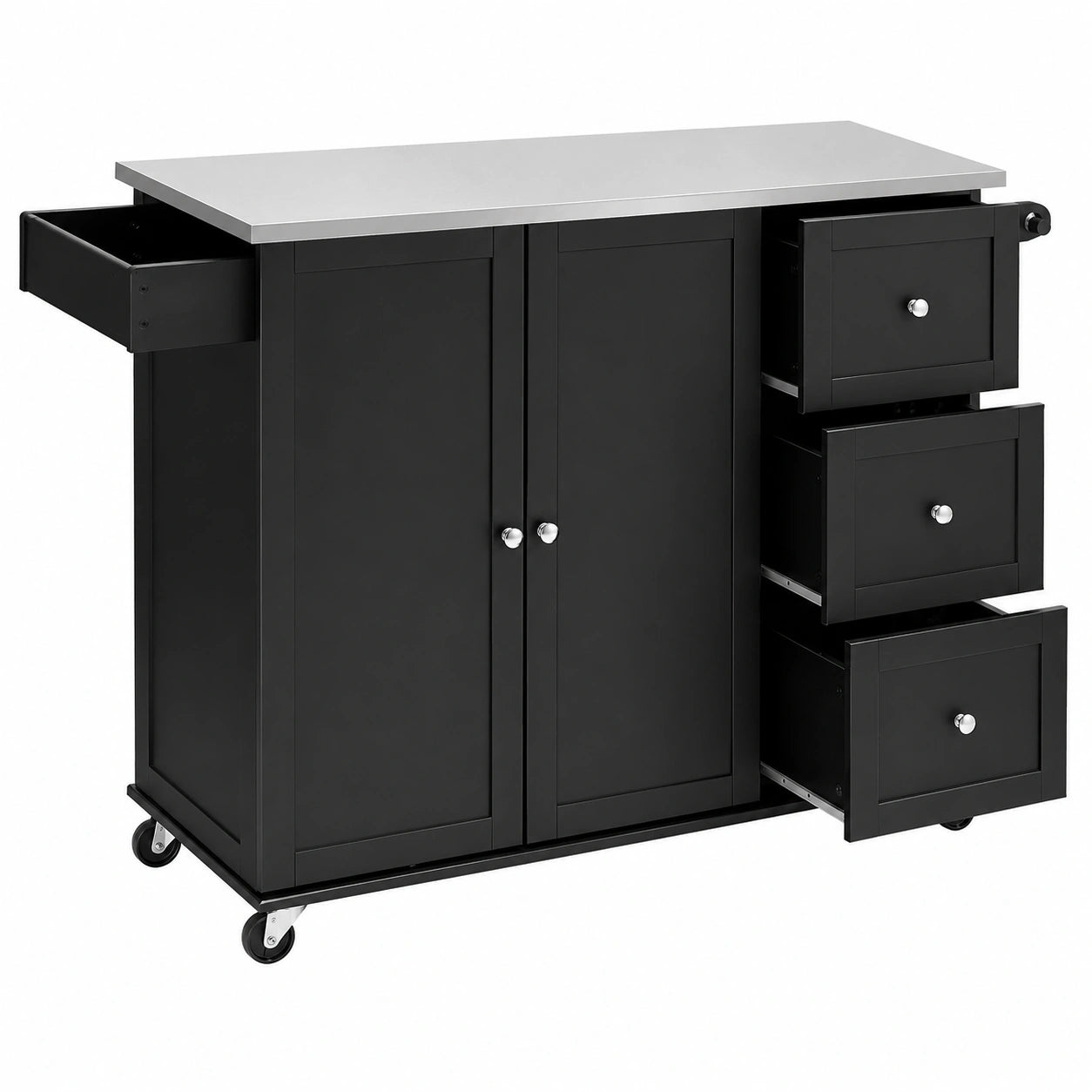 Carro de Cocina Negro con Encimera de Acero, 3 Cajones y Estantes Ajustables
