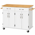 Carrito de Cocina Blanco con Encimera de Madera, 4 Puertas y Estantes Ajustables