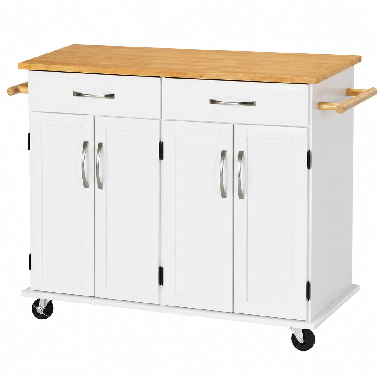 Carrito de Cocina Blanco con Encimera de Madera, 4 Puertas y Estantes Ajustables