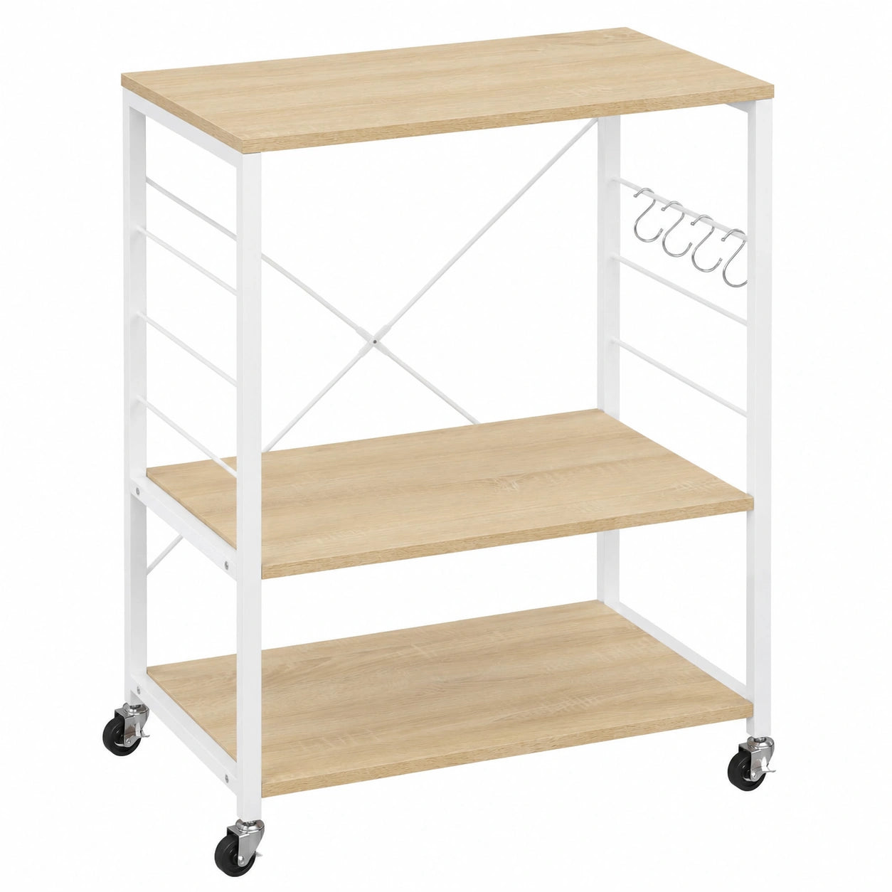 Carro de Cocina con Ruedas y Almacenaje de 3 Niveles, Blanco y Roble Claro, 60x40x82,5 cm