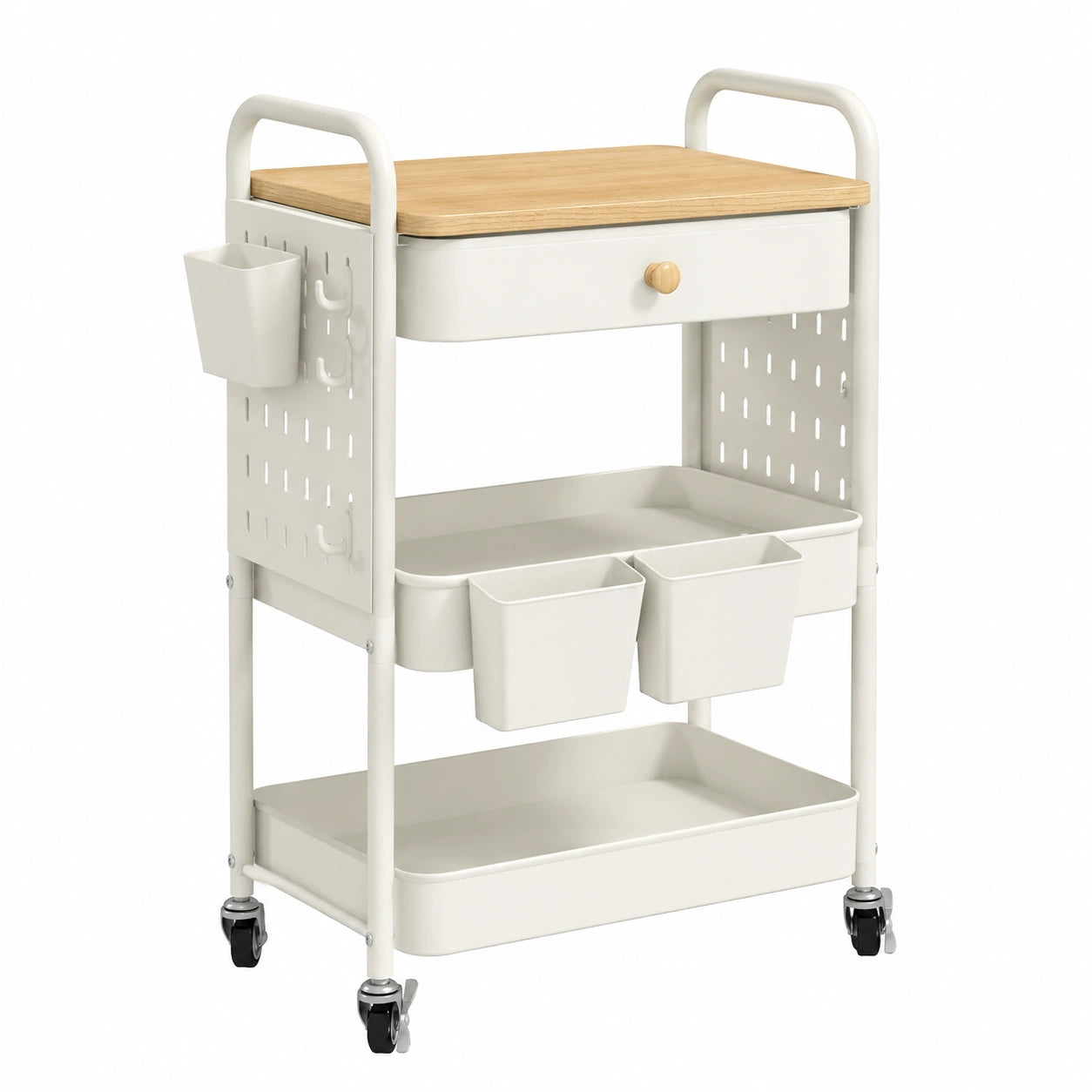 Carrito de Servicio de Metal de 3 Niveles con Cajones y Paneles para Cocina, Baño o Sala