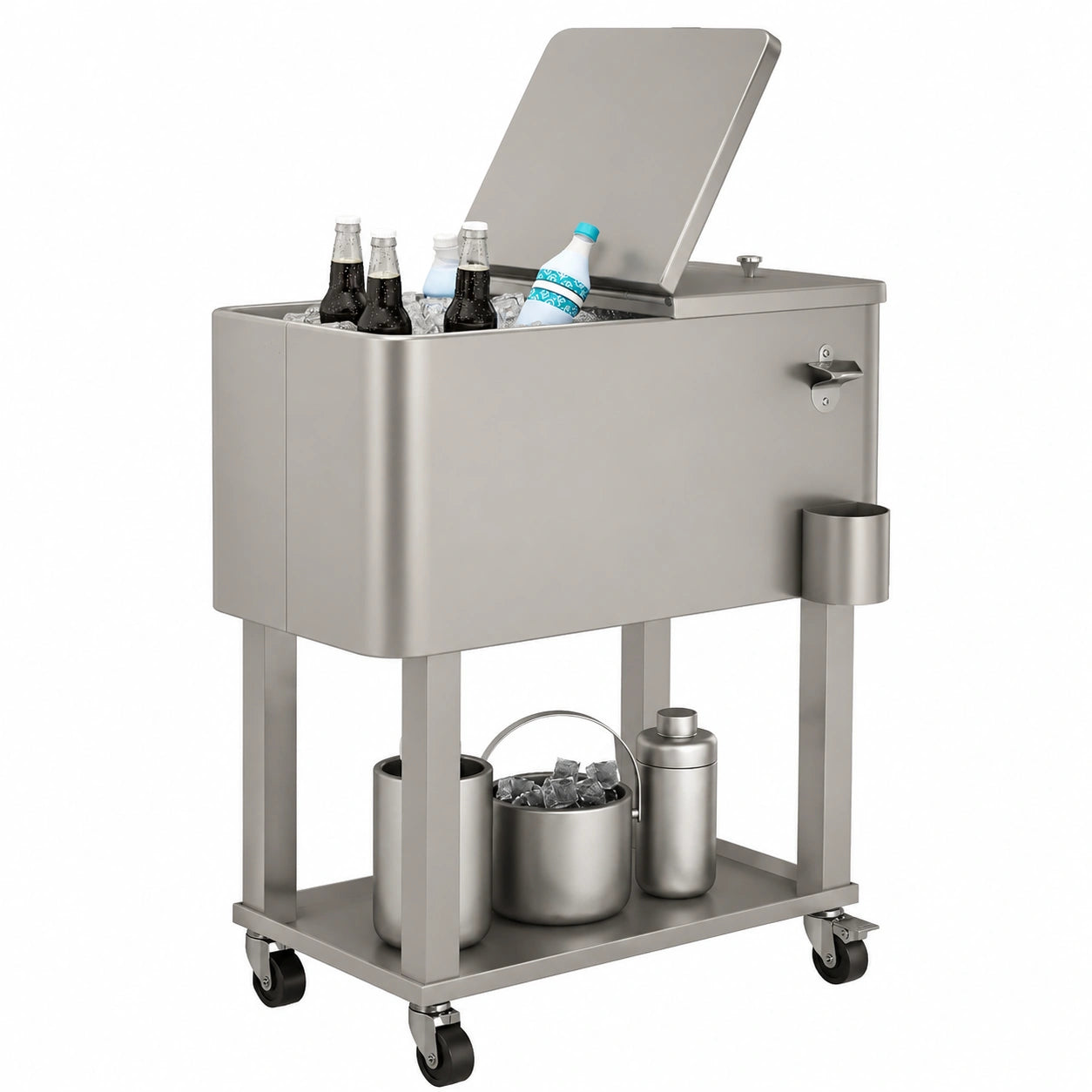 Carro Refrigerador de Bebidas 56L con Ruedas y Abrebotellas para Terraza