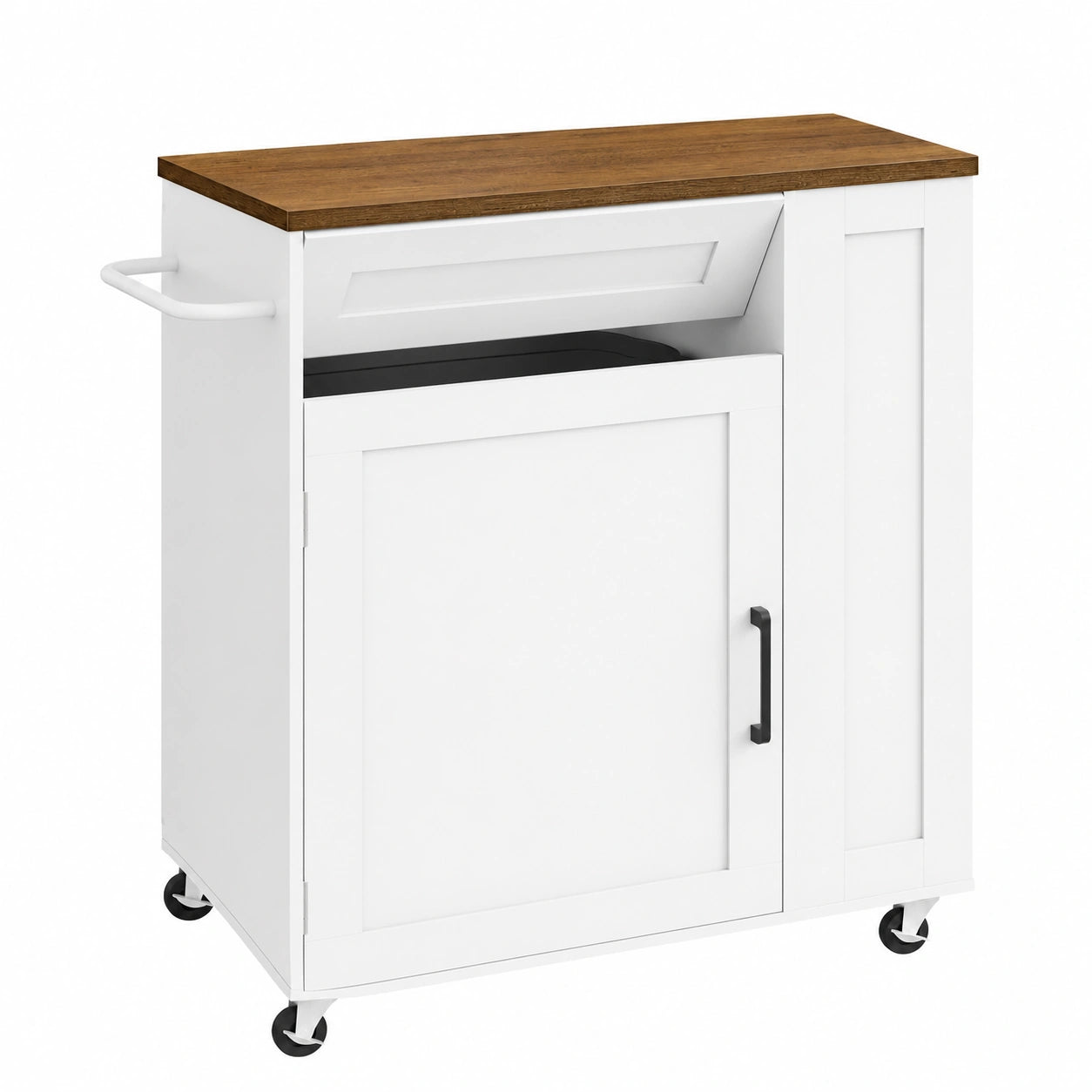 Carrito de Cocina con Isla y Compartimento para Basura, 5 Ruedas, Estantes y Toallero